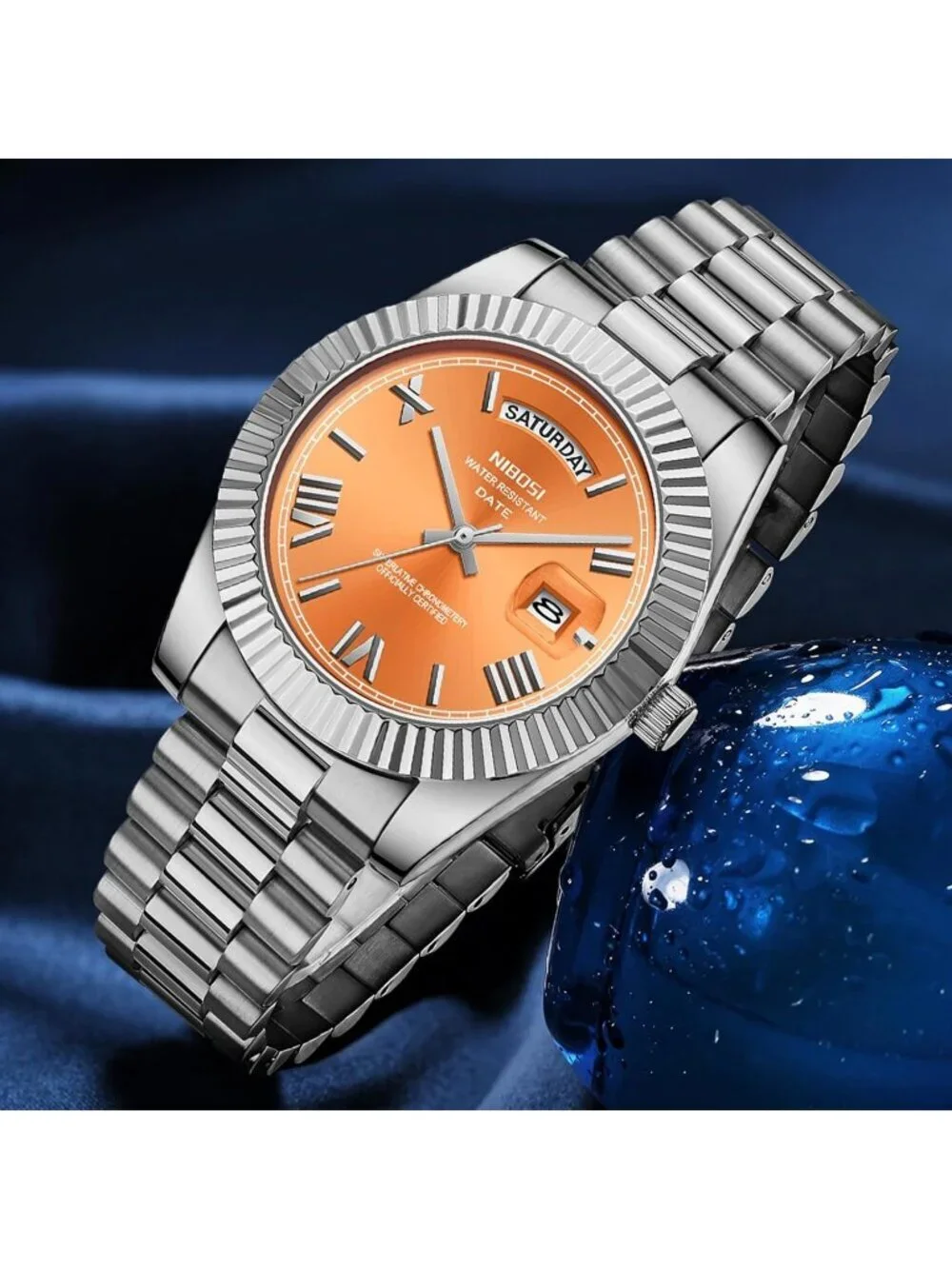 Nibosi Mens Silver Orange Analog Quartz Stainless Waterproof Desiger Wrist Watch